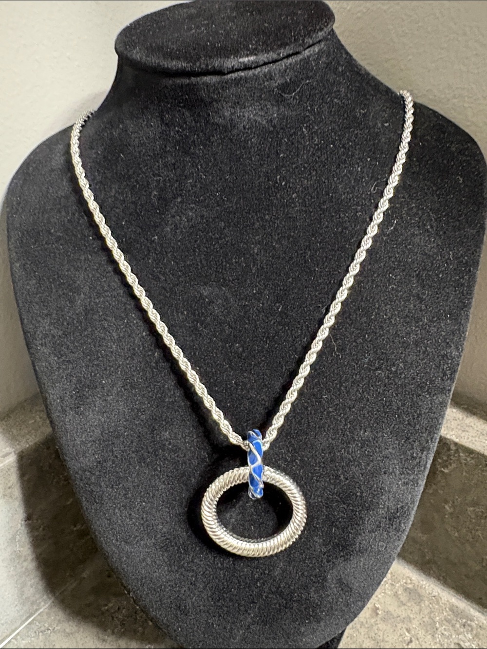 Silver Rope Chain Necklace with Blue Accent Pendant 32” Chain